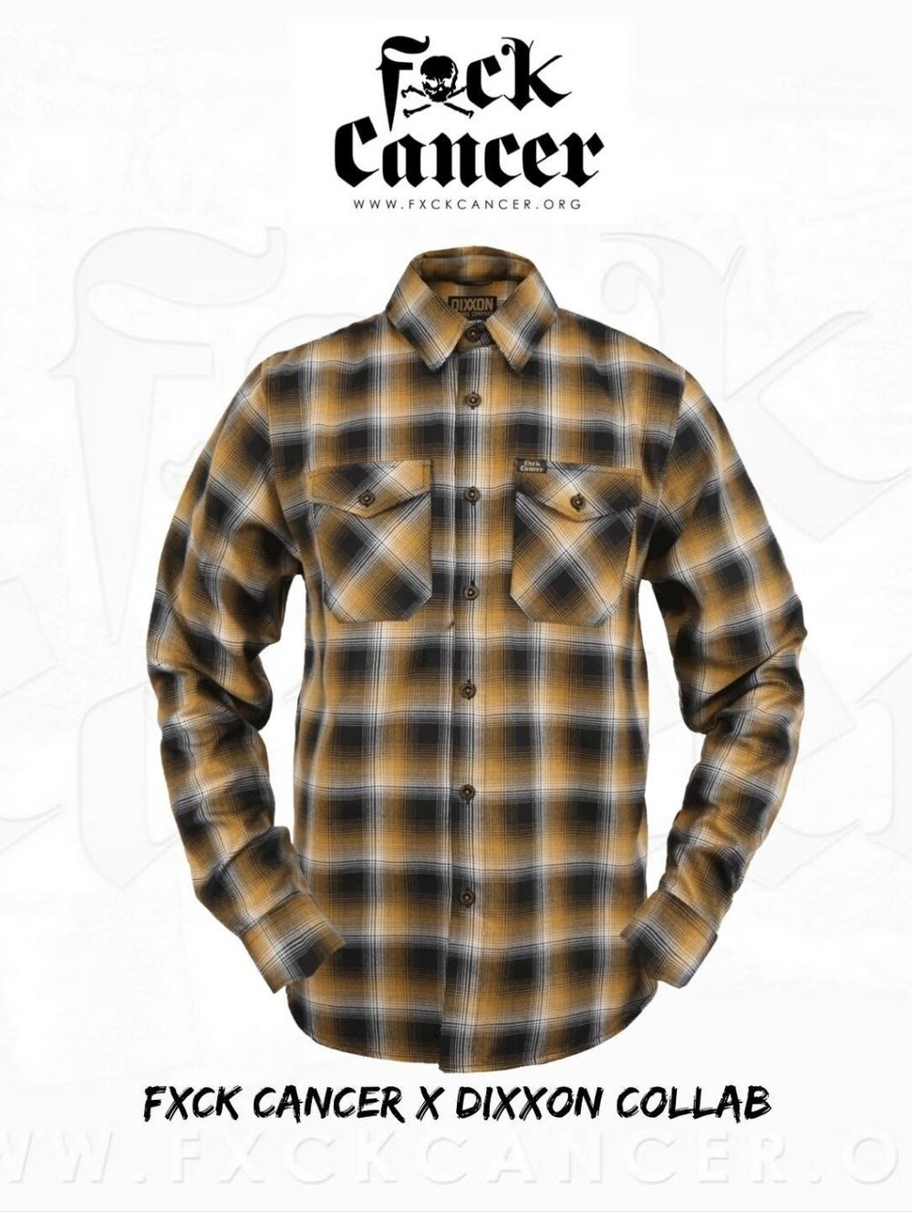 DIXXON F☠️ck CANCER Yellow and Black Plaid Flannel Shirt in Men's 2XLT